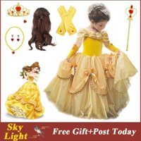 Bộ Đồ Hóa Trang Công Chúa Belle Và Quái Vật Đính Kim Sa Kèm Găng Tay Lưới Và Vương Miện Cho Bé Gái