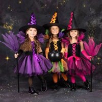 Bộ đồ hoá trang phù thuỷ dáng ngắn phong cách Halloween dạng váy tutu cho bé gái