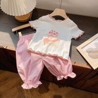 Bộ đồ hoạt hình mùa hè cho bé gái, áo thun cotton thấm mồ hôi, quần capri, bộ hai mảnh cho trẻ mẫu giáo