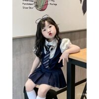 Bộ Đồ Học đường cho bé gái mùa hè trẻ em jk váy ngắn xếp ly cho bé sơ mi trắng cổ bẻ Cà Vạt Áo Gilê phong cách Tây 7EYU