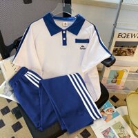 Bộ đồ học sinh mới cho bé gái mùa hè, áo polo cổ cao, áo thun ngắn tay trường trung học cơ sở, quần dài thể thao thoải mái, bộ hai mảnh