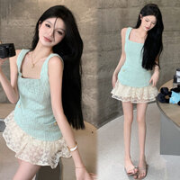 Bộ Đồ Hot Girl Đường Phố, Áo Hai Dây Không Tay Chít Eo Phong Cách Mẫu Mới Mùa Xuân Cho Nữ, Chân Váy Ren Cạp Cao