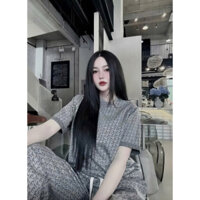 Bộ Đồ In Kín Girl Phố Áo Cộc Cổ Tròn Form Rộng Phối Quần Dài Dáng Xuông Năng Động