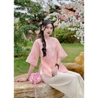 Bộ Đồ Lam Đi Chùa Tơ Cổ Tròn Thêu Kì Lân 5 Cúc Ngọc Vai Tay Lỡ Chất Đũi Tằm Cao Cấp Màu Hồng Nhạt S088