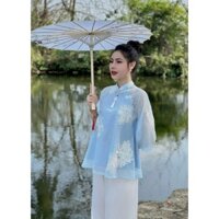 Bộ Đồ Lam Đi Chùa Tơ Thêu Hoa Quỳnh Nổi Cổ Tàu Viền Ngọc Kèm Charm Bộ Phật Tử Pháp Phục Đi Chùa Tay Lỡ Chất Voan Tơ S204