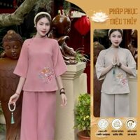 Bộ Đồ Lam Đi Chùa,Pháp Phục đi Lễ Nguyên Set bộ bà ba họa tiết thêu chữ Hiếu chất tuyết nhung cao cấp - Shop Như Ý