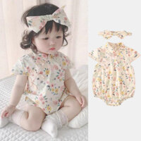 Bộ đồ liền thân bé gái + Băng đô Bộ áo liền quần ngắn tay mùa hè + băng đô Bé gái Ve áo hoa Body 0-2 tuổi Quần áo trẻ em