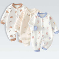 Bộ đồ liền thân dài tay Body gấu vải chần bông 3 lớp cho bé sơ sinh tháng hàng quảng châu cao cấp