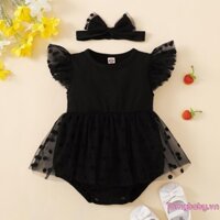 Bộ đồ liền thân không tay mùa hè cho bé gái, váy tutu ren, bộ đồ liền thân hở lưng xếp nếp + băng đô