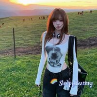 Bộ đồ liền thân nữ cổ chữ U dài tay in chữ trắng Slim Fit thời trang