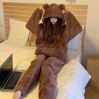 Bộ đồ lông cừu hoodie mặc nhà mũ tai gấu lông mềm mịn siêu ấm áp cho mùa đông không lạnh