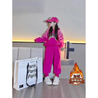 Bộ đồ lót lông cừu bé gái 2024 Thu Đông Thời trang Thời trang Trẻ em Thể thao Big Girls Áo nỉ dày Bộ đồ hai mảnh