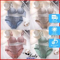 Bộ Đồ Lót Nữ Cotton Cao Cấp Phong Cách Nhật Bản, Set Đồ Lót Nữ Không Gọng Kẻ Caro Sexy New Arrivals 2021