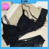 Bộ Đồ Lót Nữ Phối Ren, Áo Ngực Đệm Dày Nâng Ngực Tạo Khe Siêu Quyến Rũ Thương Hiêu Baw mã AN35 - ĐEN - size 34