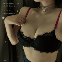 Bộ đồ lót nữ ren đen phong cách Pháp sexy thuần khiết, áo ngực nâng và quần lót mùa đông thoáng khí