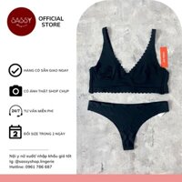 Bộ đồ lót nữ su đen áo bralette dây viền bèo kèm quần lọt khe su không viền gợi cảm