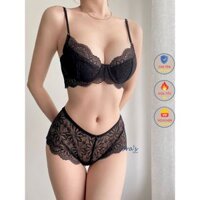 Bộ Đồ Lót Ren Nữ Màu Đen Sexy iBra, Áo Ngực Có Gọng Có Mút Và Quần Lót Ren Cạp Cao Quyến Rũ, Lưới Mỏng Gợi Cảm A31
