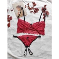 Bộ đồ lót ren sexy🔥 NS186 ren màu đỏ hoa văn không gọng không mút gợi cảm quần không đáy Nhà Sò Bra.com