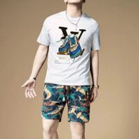 Bộ đồ lụa băng nam mùa hè tay ngắn in hình Hàn Quốc