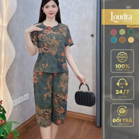 Bộ đồ lụa trung niên mặc nhà cho mẹ Loudra Fashion cổ trụ đính cúc tay ngắn quần lửng B41