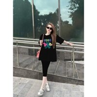 Bộ đồ lửng ngố nữ thun cotton áo rộng đắp gấu bông xù chữ coco viền kim sa phối quần ôm lửng qua gối