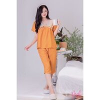 Bộ Đồ Lửng Pijama Nữ Màu Vàng Mặc Mùa Hè Chất Vải Đũi Cao Cấp Mềm Mịn Hút Mồ Hôi Tay Ngắn Quần Lửng Dịu Dàng Sang Trọng