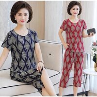 Bộ đồ lửng thun lạnh trung niên nữ cao cấp bộ đồ nữ mặc nhà - Xanh họa tiết xoắn,XXL