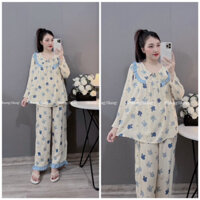 Bộ đồ mặc bầu và sau sinh dài cổ sen quấn bèo mặc nhà chất đũi thái áo tiện lợi cho con ti quần chun rút tùy chỉnh