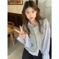 Bộ Đồ Mặc Kiểu Sữa, Áo Kiểu Học Đường Nữ, Áo Gi Lê Dệt Kim Màu Xám Xoắn Trẻ Trung Mùa Thu, Áo Sơ Mi Kẻ Sọc Mặc Nhiều Lớp