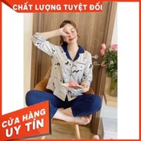 Bộ đồ mặc nhà Karoll. SET đồ ngủ chất lụa cát hàn cao cấp mềm mịn họa tiết lông chó xù dễ thương, dáng dài - Hàng nhập k