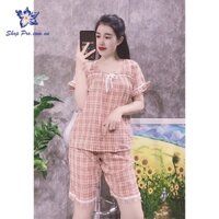 Bộ đồ mặc nhà kẻ caro áo cộc quần lửng chất đũi mềm thoáng mát Shop Pro BR