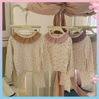 Bộ đồ mặc nhà kiểu Tây trẻ em mẫu mới 2024 Áo mùa thu cổ lá sen hoa nhí bé gái đồ ngủ dài tay thoải mái cho bé