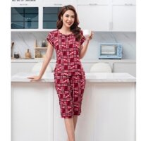 Bộ đồ mặc nhà lanh Vicci BN10  áo tay xẻ cách điệu, quần lửng nhiều họa tiết