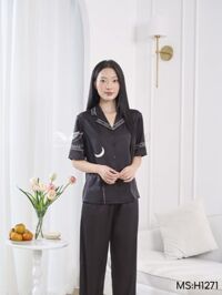 Bộ đồ mặc nhà pijama lụa form suông tay lửng quần dài mèo đen H1271