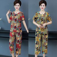 Bộ đồ mặc nhà trung niên nữ  Bộ đồ thun lạnh mềm mịnBộ đồ cho mẹ mẫu mới - Họa tiết kẻ đỏ,XL