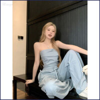 Bộ đồ mặc trà, áo ba lỗ ngắn xếp ly màu xanh, quần âu ống rộng