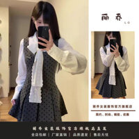 Bộ Đồ Mặc Váy Đầu Thu, Váy Liền Yếm Chấm Bi Ôm Mông Siêu Tiên Nữ, Áo Sơ Mi Thắt Nơ