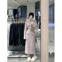 Bộ Đồ Màu Hồng, Áo Khoác Ngắn Ren Ghép Cảm Giác Thiết Kế Thu Đông Cho Nữ, Chân Váy Dài Tôn Dáng Eo