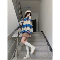 Bộ Đồ Mẫu Mới Mùa Thu Đông Áo Len Dệt Kim Sọc Tương Phản Kiểu Sữa Học Đường Nữ Chân Váy Xếp Ly Hai Chiếc