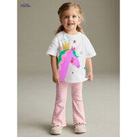 Bộ đồ mùa hè cho bé gái 90-140CM, bộ hai mảnh hoạt hình ngựa con, quần ống loe sọc cho bé gái