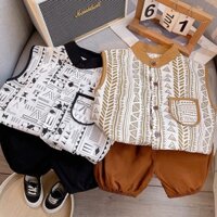 Bộ Đồ Mùa Hè Cho Bé In Hình Học Hoàn Toàn Hình Học Trẻ Em Không Tay Phong Cách Trung Hoa Cổ Đứng Top + Quần Ngắn Tập Đi Bé Trai Áo Tee Thường Ngày Bộ