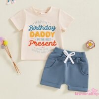 Bộ đồ mùa hè cho bé trai Bộ áo thun ngắn tay sinh nhật của cha và quần Short co giãn viền cuộn cho bộ quần áo 2 mảnh