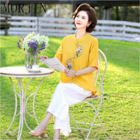 Bộ đồ mùa hè cotton lanh MORJIN cho mẹ, trang phục phụ nữ trung niên, áo thun thêu tay giữa, áo mỏng, kích thước lớn, bộ hai món