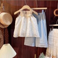 [Bộ đồ mùa hè mới] Bộ đồ trẻ em thoải mái mỏng mát đa năng phong cách Hàn Quốc, bộ đồ thời trang cho bé gái, áo tank top cổ yếm mùa hè, quần ống rộng cho trẻ em, bộ đồ hai mảnh