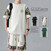 Bộ đồ mùa hè nam phong cách Trung Quốc Bán chạy 2024 Phong cách mới in hình gấu thông thường Quần Short ngắn tay hợp thời trang Bộ đồ hai mảnh 5KZS