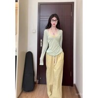 Bộ đồ mùa hè ngọt ngào và mặn mòi, áo blouse chống nắng cho phụ nữ, áo thun dài tay, áo vest halter màu vàng, quần ống rộng chấm bi
