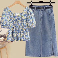 Bộ Đồ Mùa Hè Nữ 2024 Phong Cách Mới Plus Kích Thước Quần Áo Nữ In Hình Tay Phồng Áo Sơ Mi Chia Váy Denim Hai Mảnh Phù Hợp Với