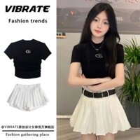 Bộ Đồ Mùa Hè Phong Cách Ngọt Ngào Áo Thun Cotton Màu Đen Mẫu Ngắn Quần Váy Xếp Ly Cạp Cao