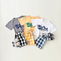 Bộ đồ mùa hè Quần áo bé trai bé gái in chữ cổ tròn tay ngắn + Quần Short ca rô thông thường Bộ 2 chiếc