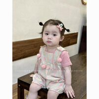 Bộ đồ mùa hè siêu dễ thương cho bé gái, phong cách Hàn Quốc, áo thun ngắn tay, quần yếm kẻ sọc, bộ hai mảnh thời trang và phong cách 8OAS